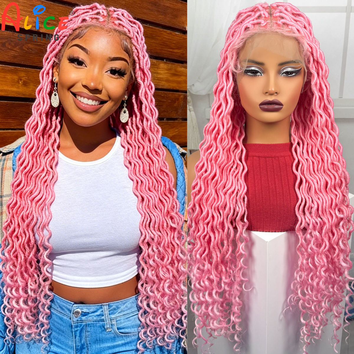 Synthetic Braided Wigs For Black Women - Pink Color Full Lace Braided Wigs