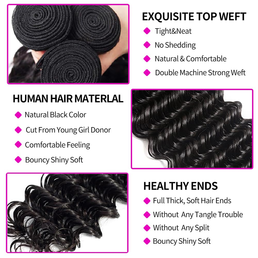 Deep Wave Human Hair Bundles w - Deep Wave 3 Bundles With Closure 评论和价格