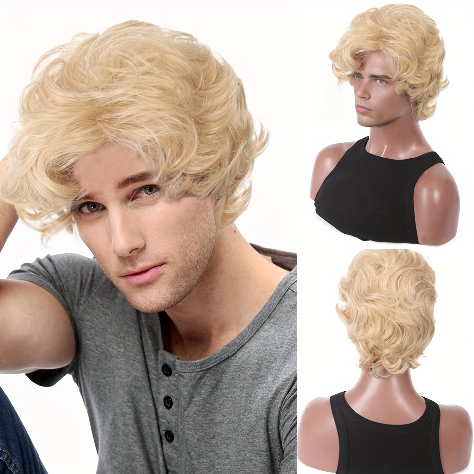 Mens Blonde Wig Short Wavy Flu - Synthetic Wigs 评论和价格