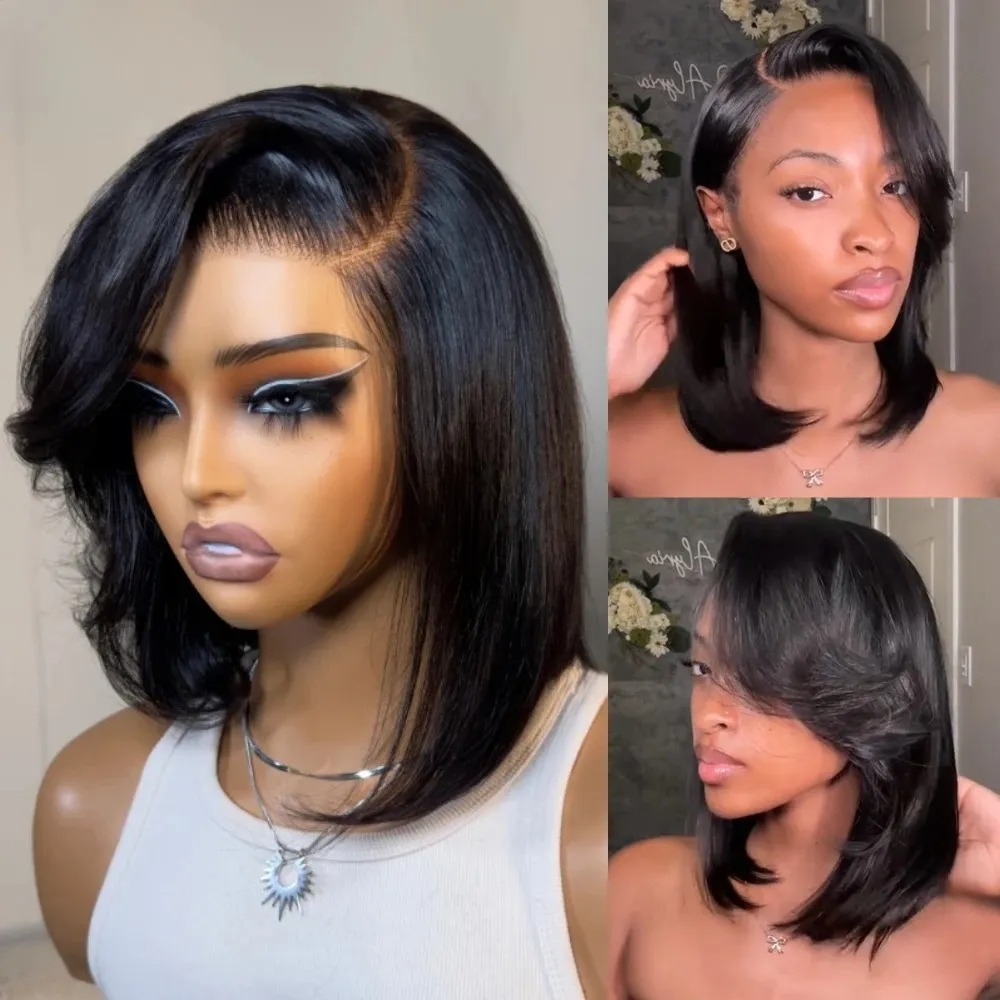Black Short Bob Straight Lace  - Pre Parted 13X4 Lace Front Bob Wig 评论和价格