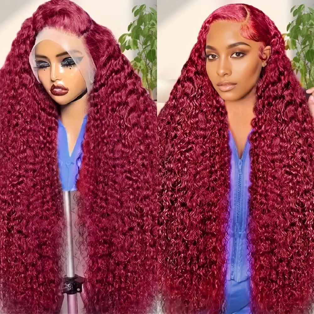 200 Density Burgundy Deep Wave - Lace Front Wigs 评论和价格