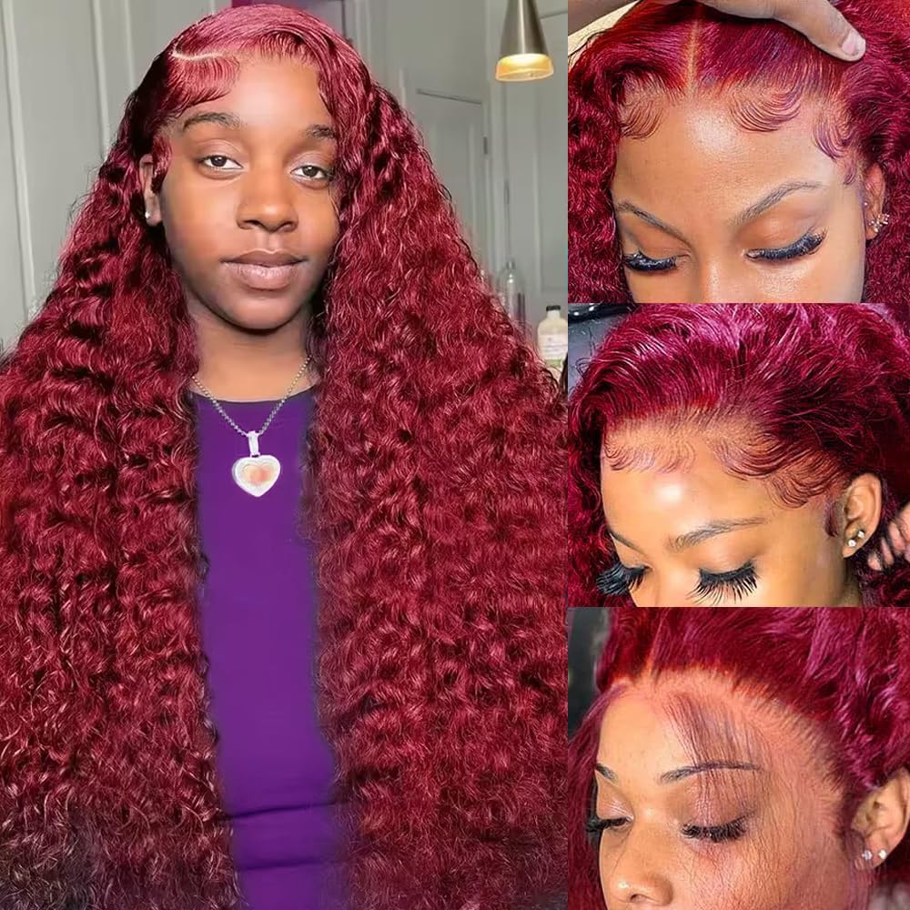 200 Density Burgundy Deep Wave - Lace Front Wigs 评论和价格