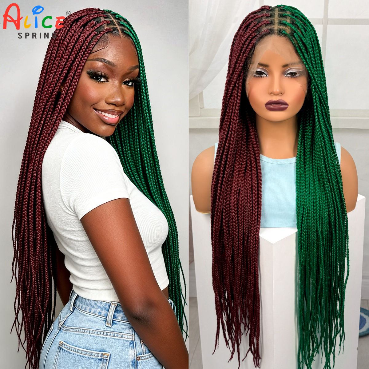 36inch Red-Green Box Braided W - Synthetic Braided Wigs For Black Women 评论和价格